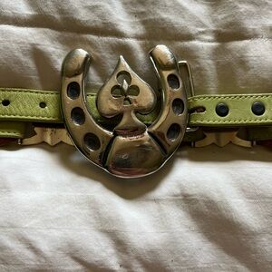 Source Unknown Tan and Lime Belt with Silver Buckle